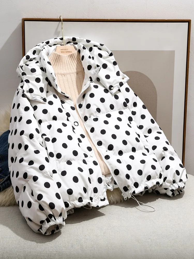 

2022 Winter New Hooded Down Jacket Women's Polka Dot Fashion Short White Duck Down Jacket Women Loose Casual Thick Bread Coat