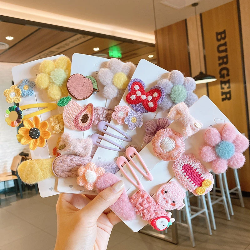 

Baby Girl Hair Pins Autumn Winter Kids Hair Accessories Knitted Flower Plush Kawaii Hair Clip Set Cute Princess Styling Hairwear