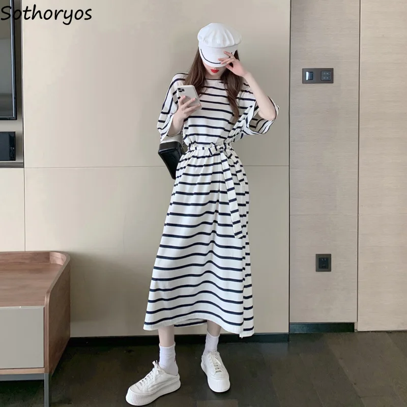 

Summer Half Sleeve Dress Women Baggy Over Knees Striped Dresses Comfortable Waist-Tight O-neck Breathable Thin Vestidos Female