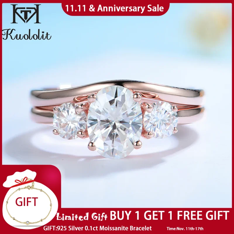 

Kuololit 1.5CT Moissanite 585 10K 14K Rose Gold Set Ring For Women Oval6X8 Solitaire Luxury Band Ring for Engagement Anniversary