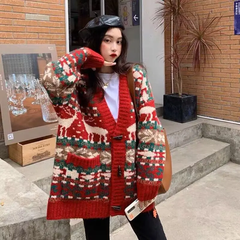 

Зимний Повседневный красный свитер для девочек с пряжкой в виде рога, рождественское и новогоднее Свободное пальто