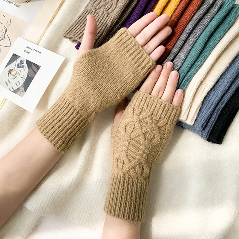 

Thicken Warm Knitting Fingerless Gloves Solid Color Crochet Weave Mittens Outdoor Half-finger Gloves Autumn Winter Simple Gloves