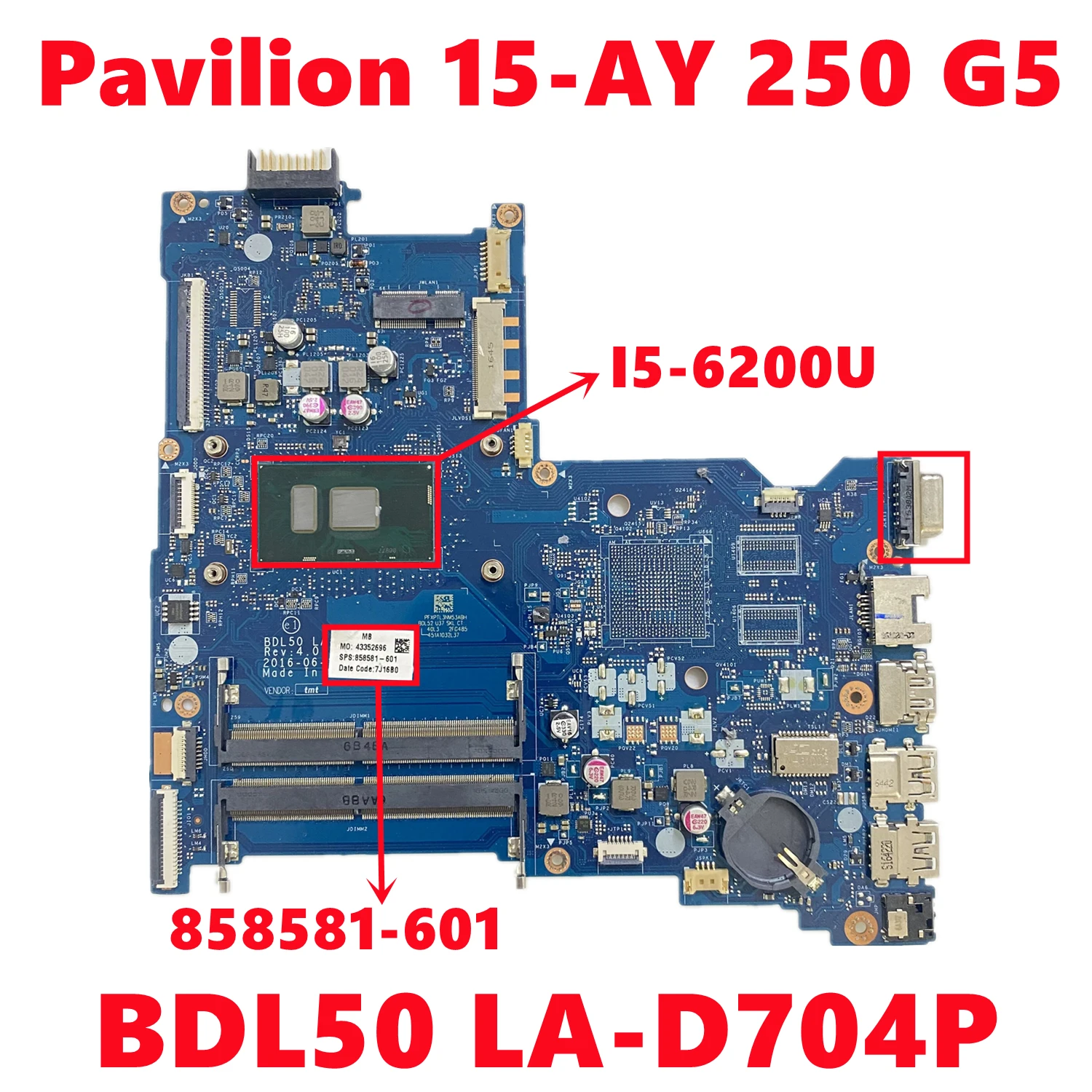 858581-601 858581-501 858581-001 для ноутбука HP Pavilion 15-AY 250 G5 материнская плата BDL50 LA-D704P с