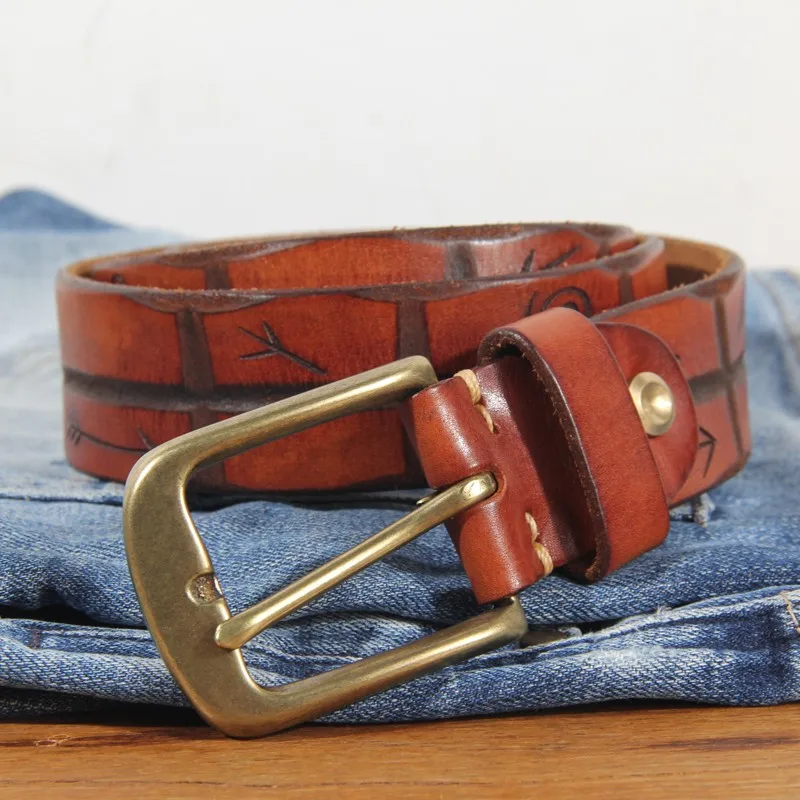 Grain 100% Real Genuine Cowskin Soft Cowhide Personality Lucky Totem Vintage Luxury Copper Buckle Jeans Belts For Men
