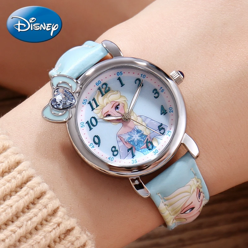 Disney Frozen Elsa Princess Cute Girls Bowknot Snowflake Leather Quartz Watch Pretty Student Kids Cartoon Clock Children Gift