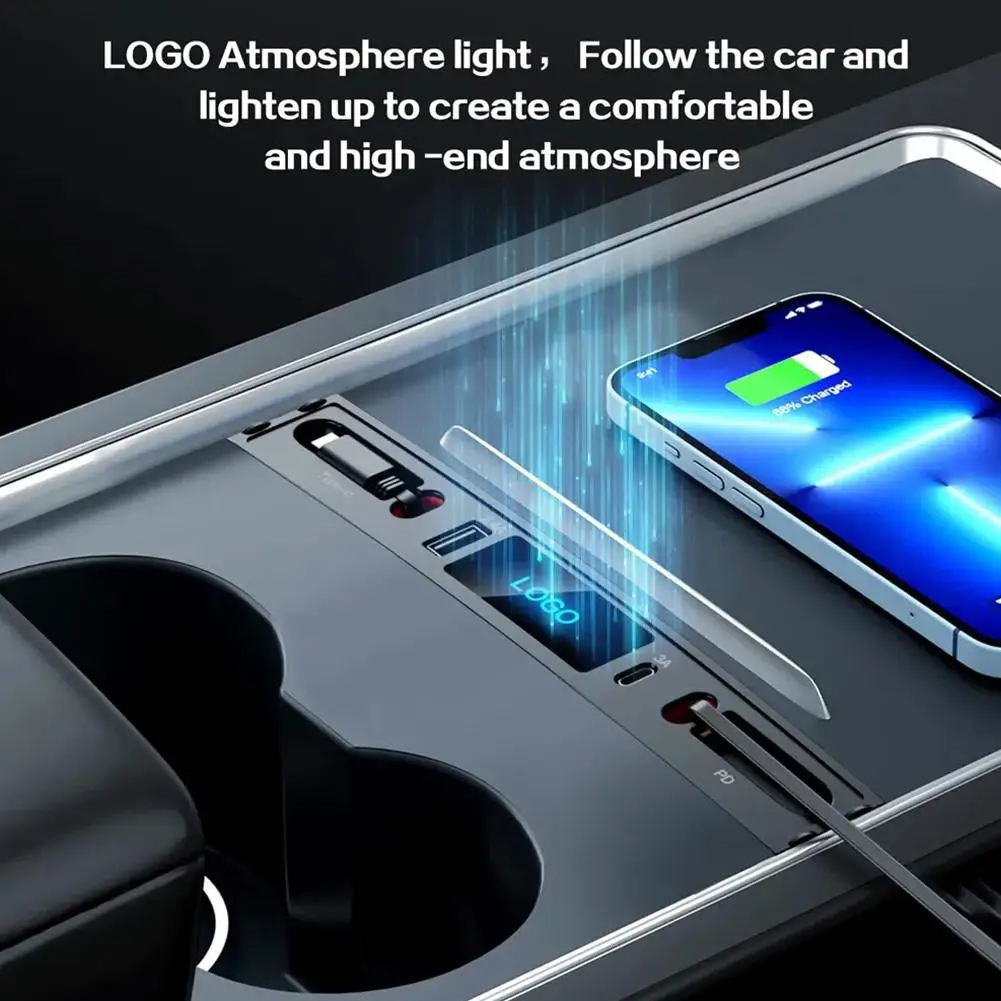 

For Tesla Model 3 Y Docking Station 30W PD Type C Hub Console USB LED Sensor 2023 Quick Charger Smart Center Hub Shunt Exte M7D9