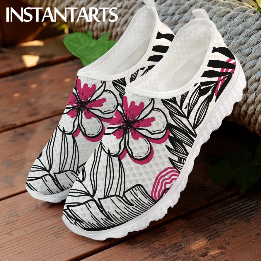 

INSTANTARTS Summer Breathable Slip-on Flat Shoes for Women Pretty Hibiscus Tropical Print Ladies Mesh Sneakers Femme Loafers Hot