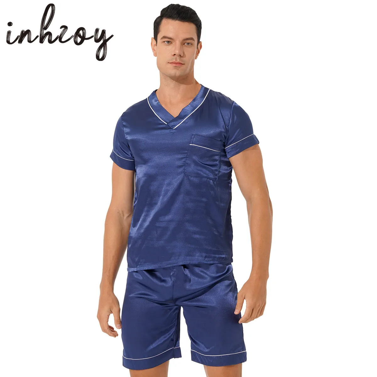 

Mens Satin Pajamas Pyjamas Set Sleepwear Short Sleeves Comfy T-shirt Shorts Suit Loungewear Summer Silk Pijama Pyjama Sleepwear