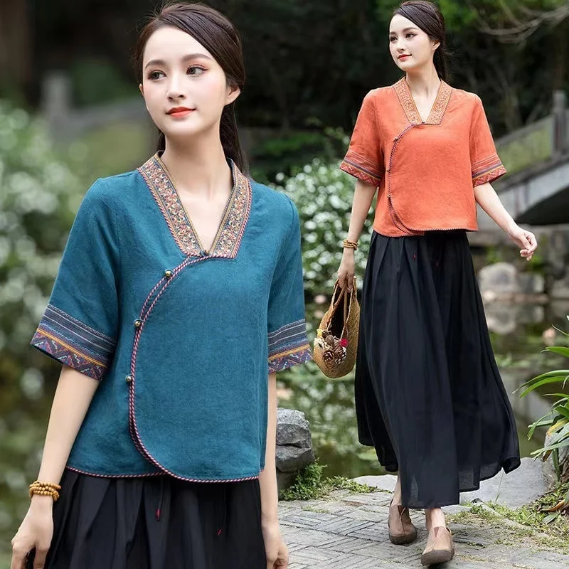 

New Embroidery Elegant Vintage Cheongsam Hanfu Chinese Traditional Style Women Clothing Vintage Summer Short Sleeve Female Top