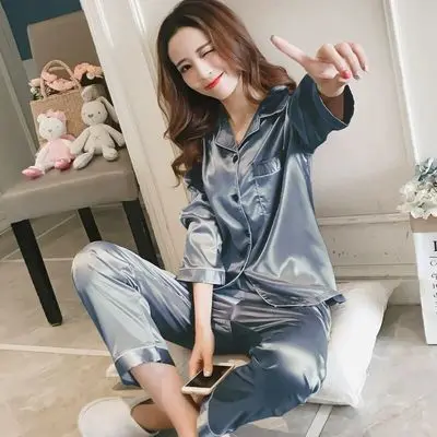 Women Ladies Silk Satin Pajamas PJS Pyjama Sleepwear Nightwear Long Sleeve Set  Plus Size Pajamas Sleepwear Women Set