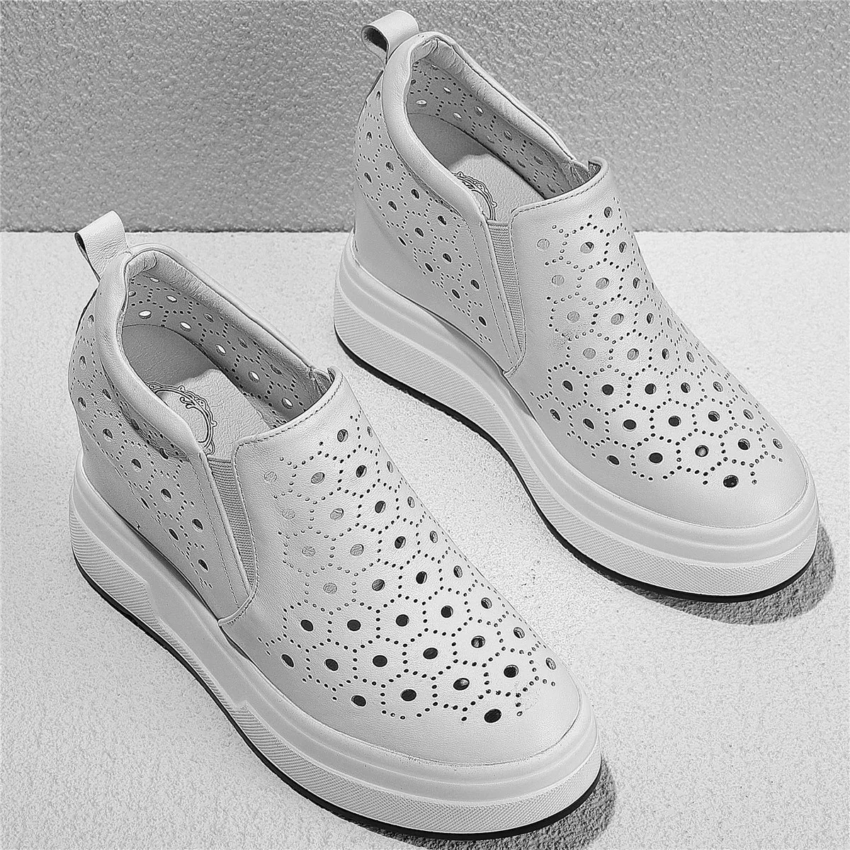 Fashion Sneakers Women Slip On Genuine Leather Wedges High Heel Ankle Boots Female Summer Round Toe Platform Pumps Casual Shoes