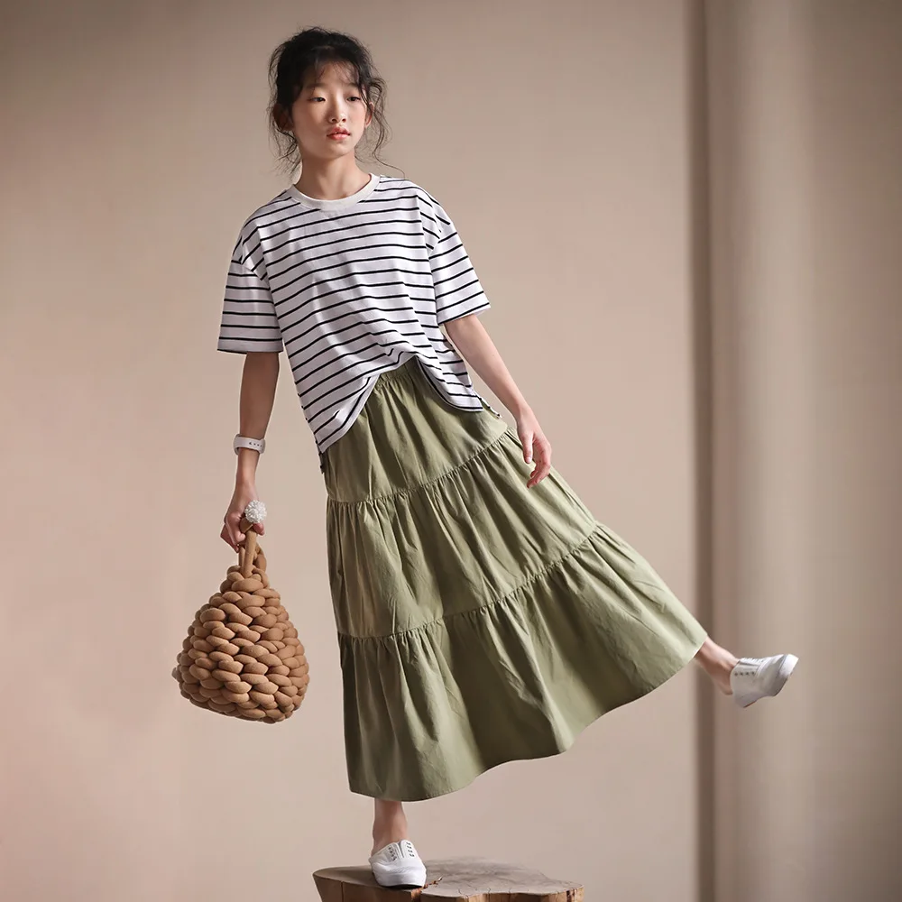 

Fashion Big Children Girls Cake Skirts 3 Layers Cotton Army Green Elastic Waist Pleated Kids Schoolgirl Long Style Skirt 165cm