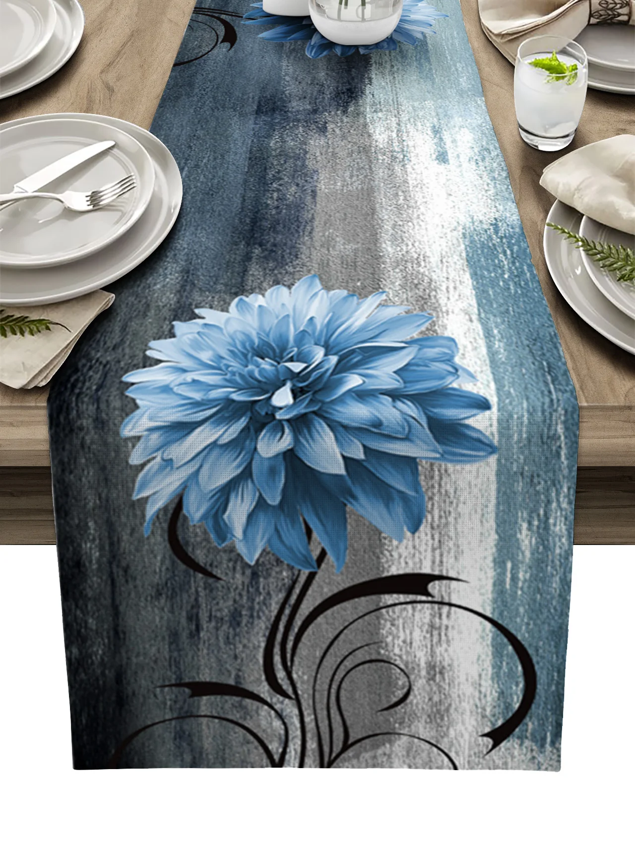 Dahlia Oil Painting Blue Table Runner Decoration Home Decor Dinner Table Decoration Table Decor