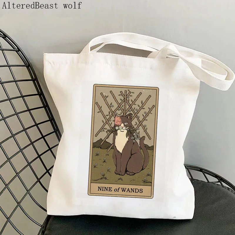 

Women Shopper bag magic witchy Nine of Wands cat Tarot Bag Harajuku Canvas Shopper Bag girl handbag Tote Shoulder Lady Bag