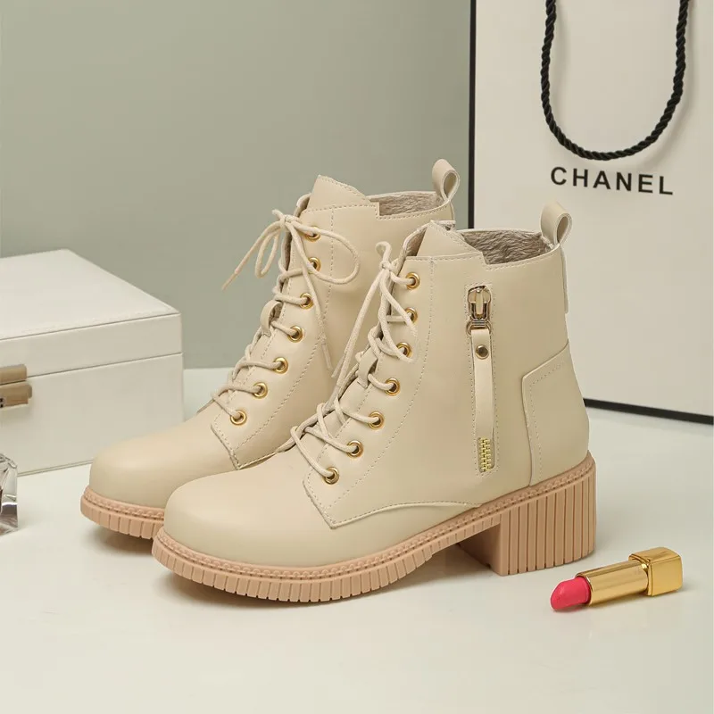 

Korean Block High Heels Preppy Women Ankle Boots Lace Up Fall Winter Platform Ladies Booties Large Size Fashion Shoes Footwear