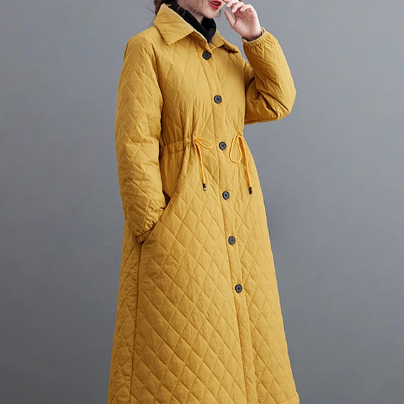 Women's Winter 2021 Fashion New Quilted Cotton Cardigan Long-sleeved Stand-up Collar Solid Color Wild Literary Retro Long Coat