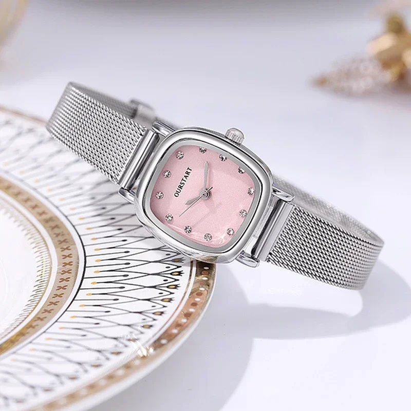 Женские часы из сетчатого сплава циферблат со стразами кварцевые наручные для