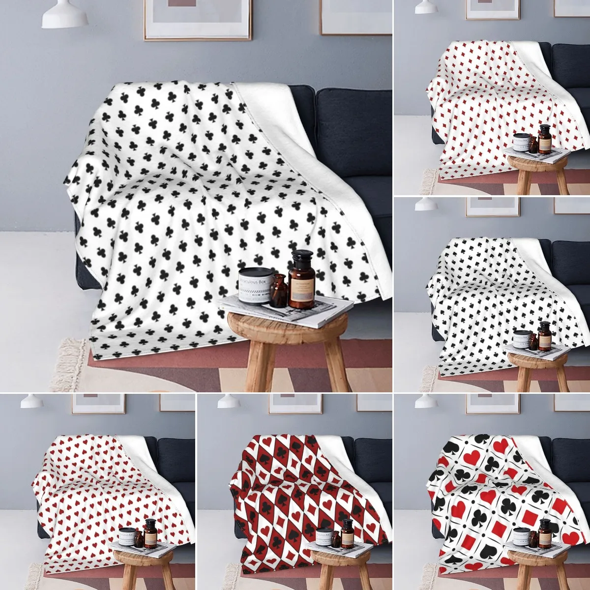 

Playing Poker Card Flannel Throw Blanket Hearts Square Clubs Spades Fashion Cozy Bedspread Fleece Travel Super Soft Blanket King
