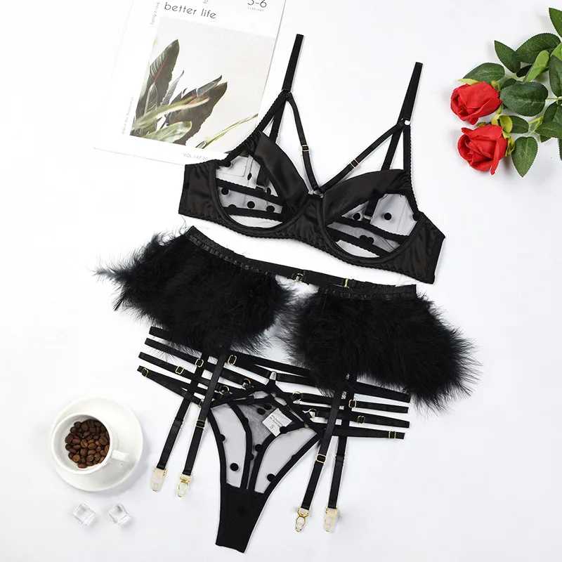 Ellolace Polka Dots Lingerie Feather Garters 3-Piece Sexy Costume Fancy Underwear Transparent Bra Naked Luxury Lace Intimate
