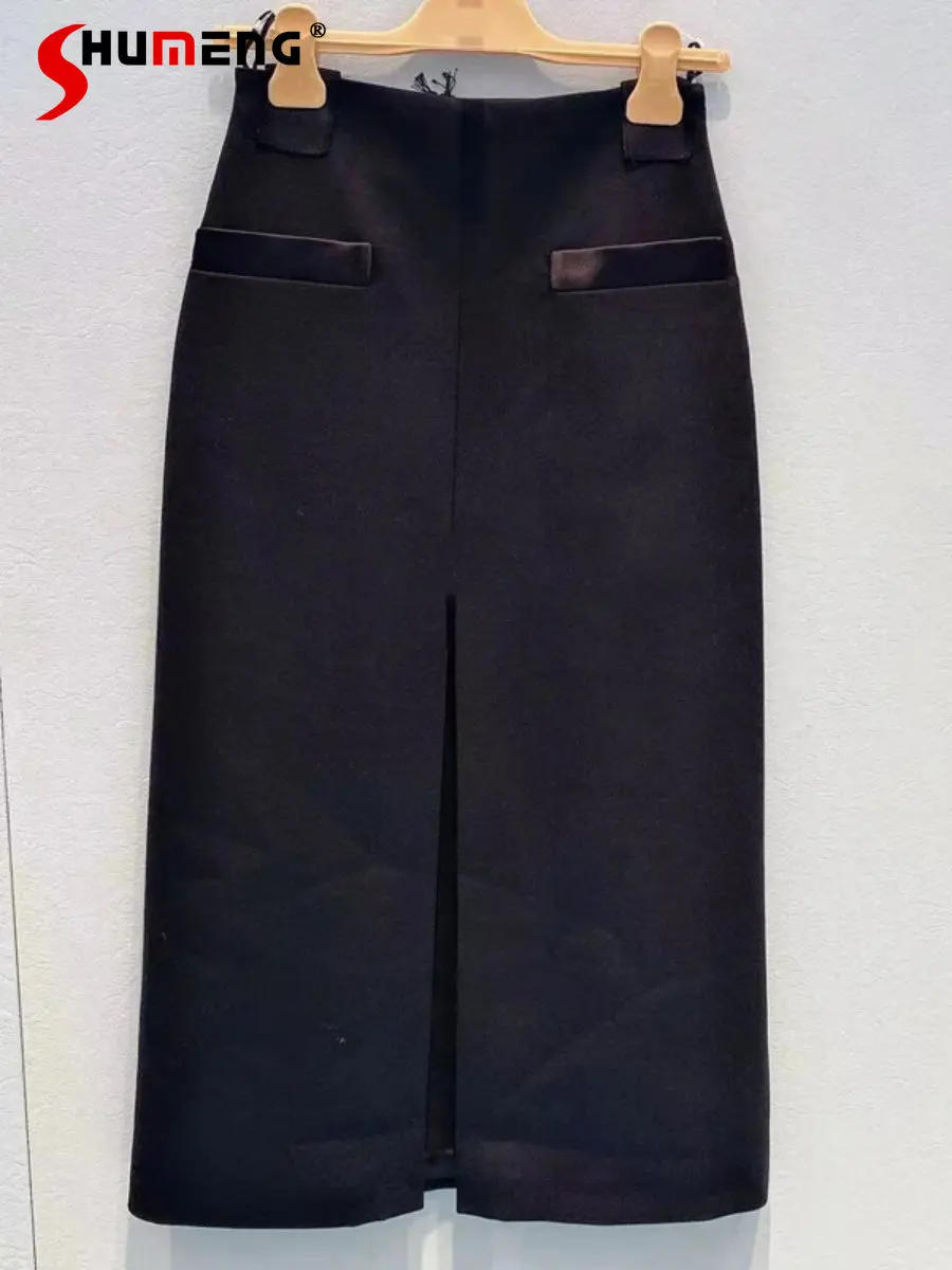 

2023 Early Spring Women's New Simple Trendy Black Slimming Slit Midi Skirt Ladies Fashionable Stitching Girl Mid-Waist Skirt