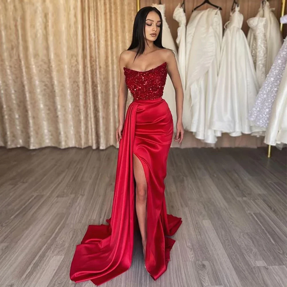 

On Zhu Red Long Mermaid Prom Dresses 2022 Strapless Sleeveless Arabic Dubia Evening Gown Formal Side Split Party Robes De Soirée