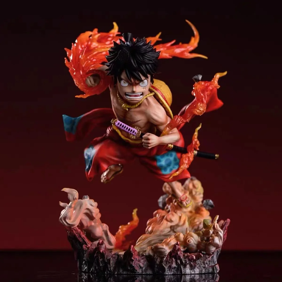 

12cm One Piece Luffy Hand-Made Fire Boxing Q Version Scene Decoration Action Anime PVC Figure Model Kid Boys Gift Kawaii Toy