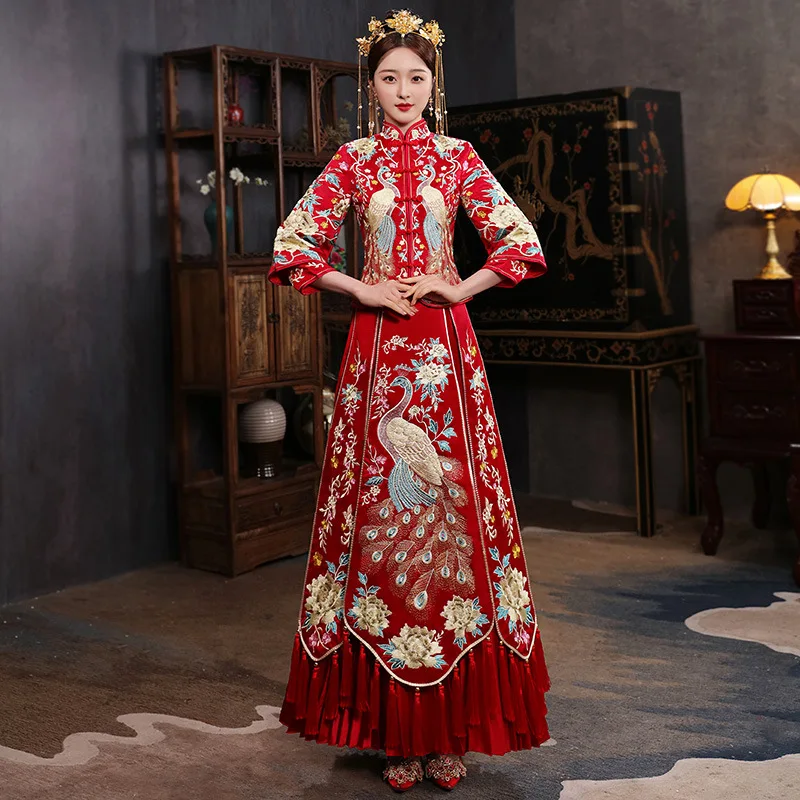 

Xiuhe 2022 New Wedding Dress Bride Spring And Autumn Chinese Wedding Dress Toast Dress Show Kimono Dragon And Phoenix Coat 8XL