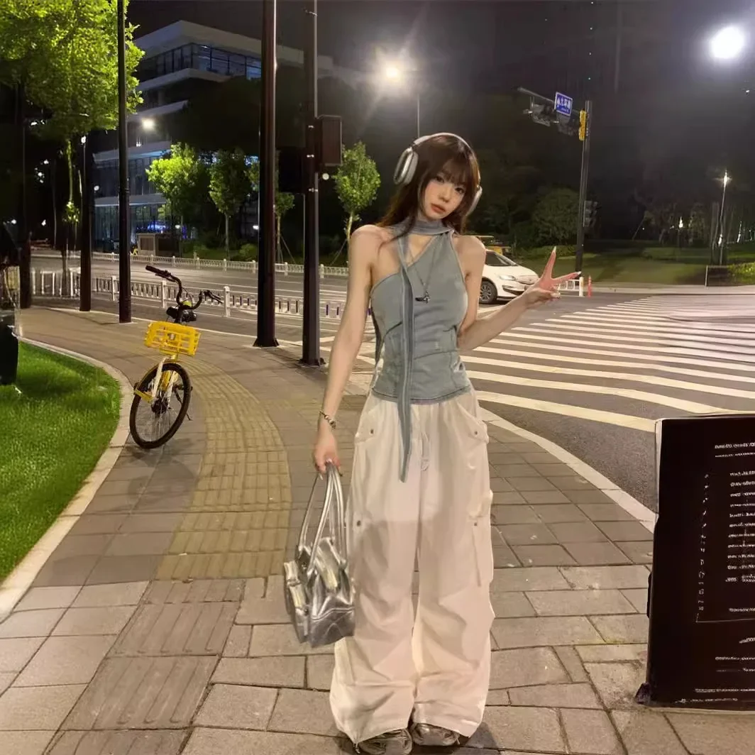 Vintage Women's Denim Cargo Pants 2-Piece Set Summer 2024 Casual Crossbody Strapless Top Shorts Fashion Outfit |