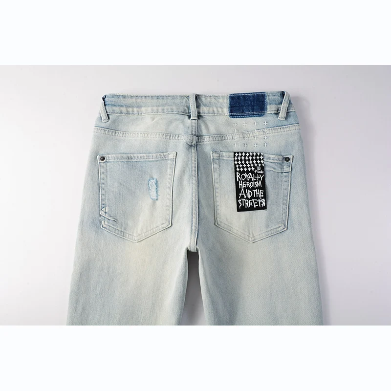 Новые поступления мужские пуговицы выцветшие синие рваные джинсы в американском