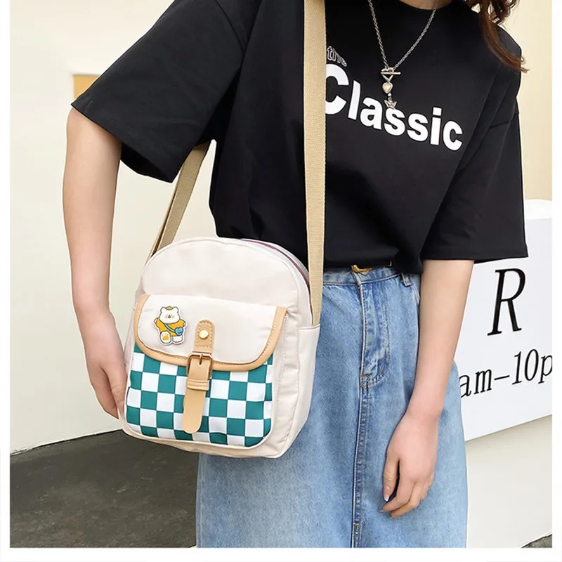 

Korean Version of Nylon Small Bag Female 2022 New Trendy Plaid Small Fresh Student Shoulder Bag Messenger Square Handbag