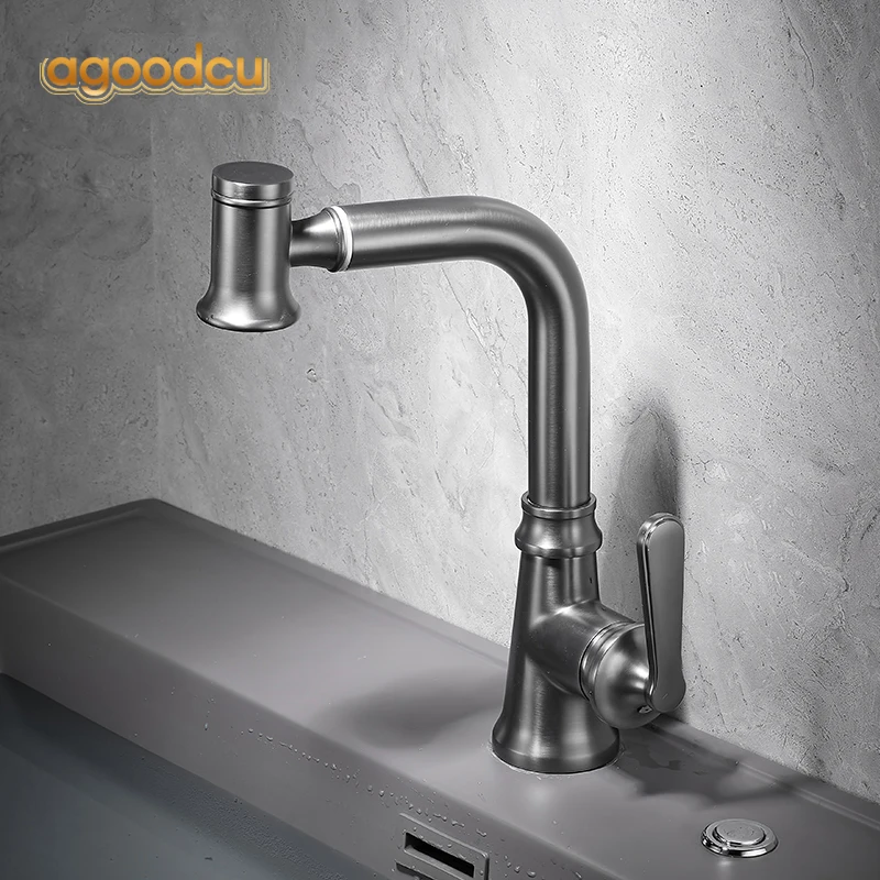 

Gun Grey Pull Out Kitchen Faucet 360 Rotation Bathroom Sink Mixer Taps Deck Mounted Hot Cold Water Brass Retro Luxury Crane Tap