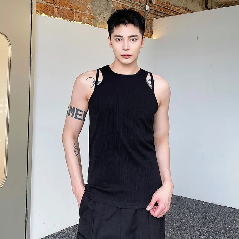 

SYUHGFA Men's Summer Vests Personality Shoulder Strap Design Round Neck Tank Top Fashion Solid Color Male Sleeveless T-shirt
