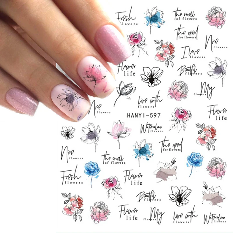 

Nail Art Decals Black Lines Ink Florals Watercolor Peony Lotus Flowers Back Glue Nail Stickers Decoration For Nail Tips Beauty
