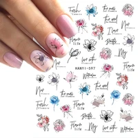 nail art decals black lines ink florals watercolor peony lotus flowers back glue nail stickers decoration for nail tips beauty