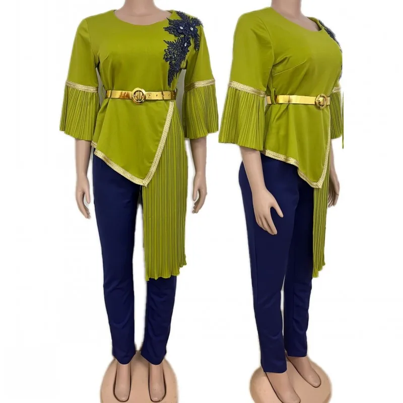 

African Sets For Women 2022 Three Quarter Sleeve Beading African Elastic Bazin Baggy Pants Rock Style Dashiki Famous Suit