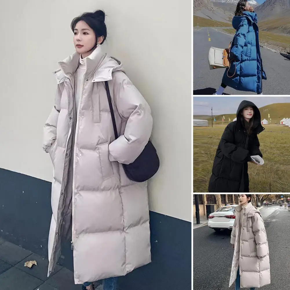 Women's Blue Down Jacket Hooded Long Cotton Clothes Winter Warm Thicken Windproof Korean Fashion Loose Oversized Coat Tops