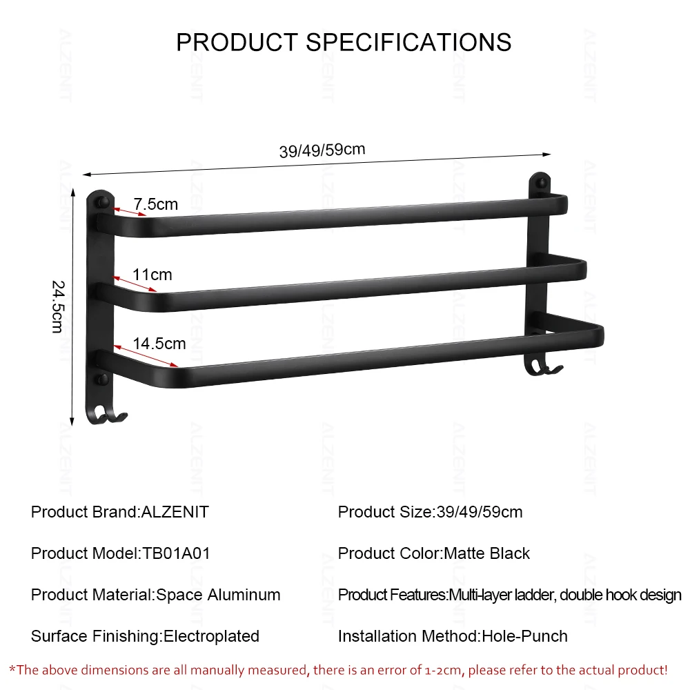towel bar 40 60 cm multi rod rail with hook wall mount holder bathroom accessories matte rack black shower hanger aluminum shelf free global shipping