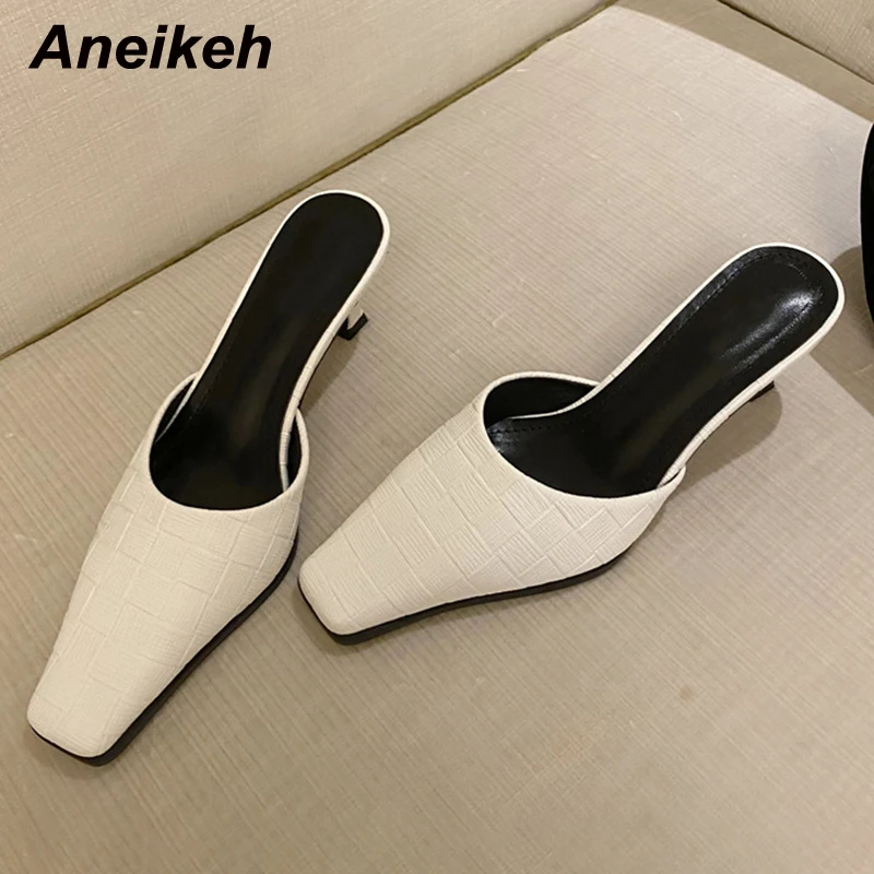 

Aneikeh 2022 Summer New Fashion Concise Solid PU Mid Heel Women Shoes Square Toe Ankle Slip-On Ladies Outdoor Leisure Slippers
