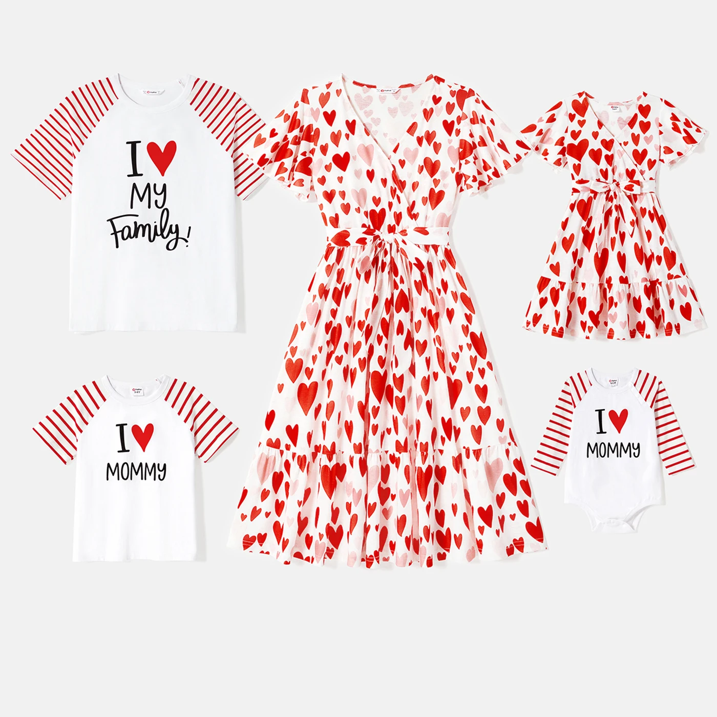 

PatPat Family Matching Outfits Raglan Sleeve T-shirts and Allover Red Heart Print Surplice Neck Ruffle-sleeve Belted Dresses Set