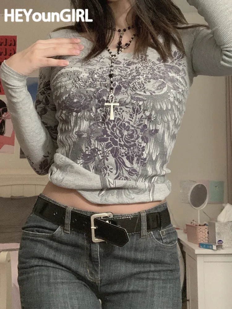 HEYounGIRL Harajuku Mall Gothic Graphic T Shirts Women Printed Grunge Basic Crop Top Tshirts 2000s Aesthetic Autumn Tee Shirt