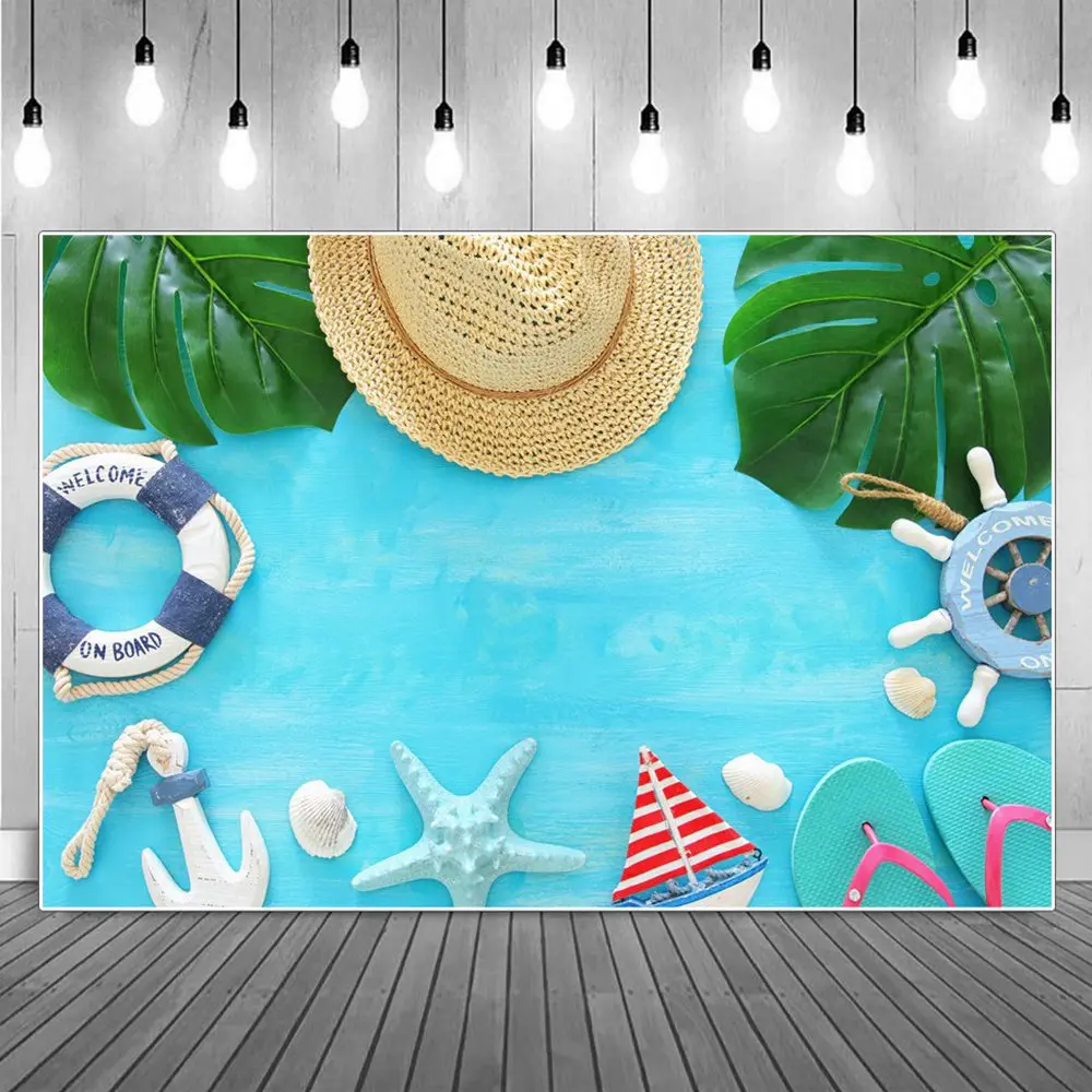 

Summer Blue Flat Lay Birthday Decoration Photography Backdrops Custom Palm Trees Rudder Anchor Photo Booth Party Backgrounds