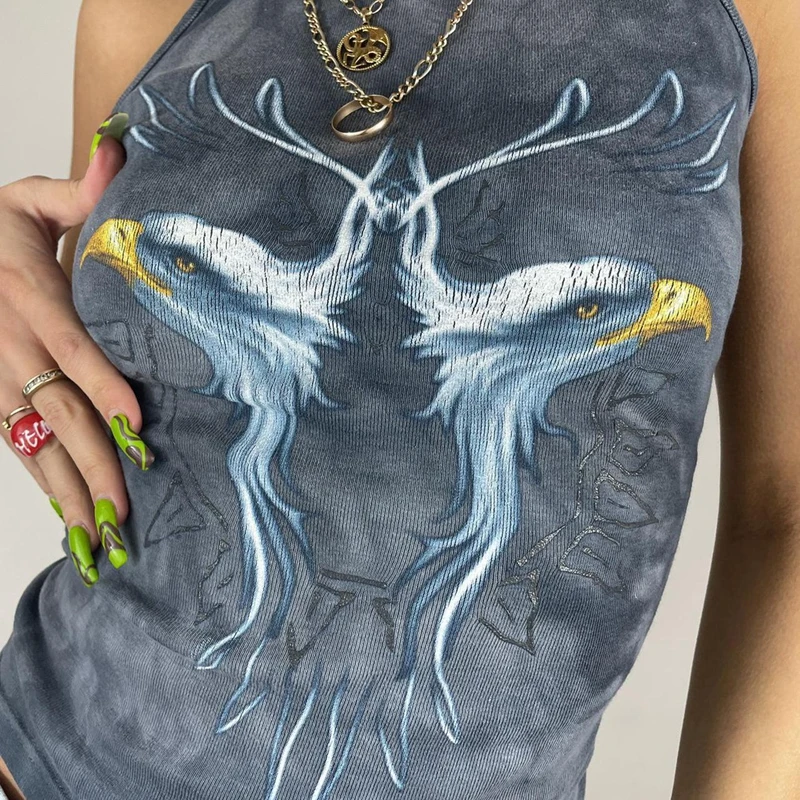 

y2k Vintage Eagle Head Print Tank Top Summer Sleeveless Slim Crop Harajuku Retro Fairycore Grunge Clothes Women Vest Streetwear