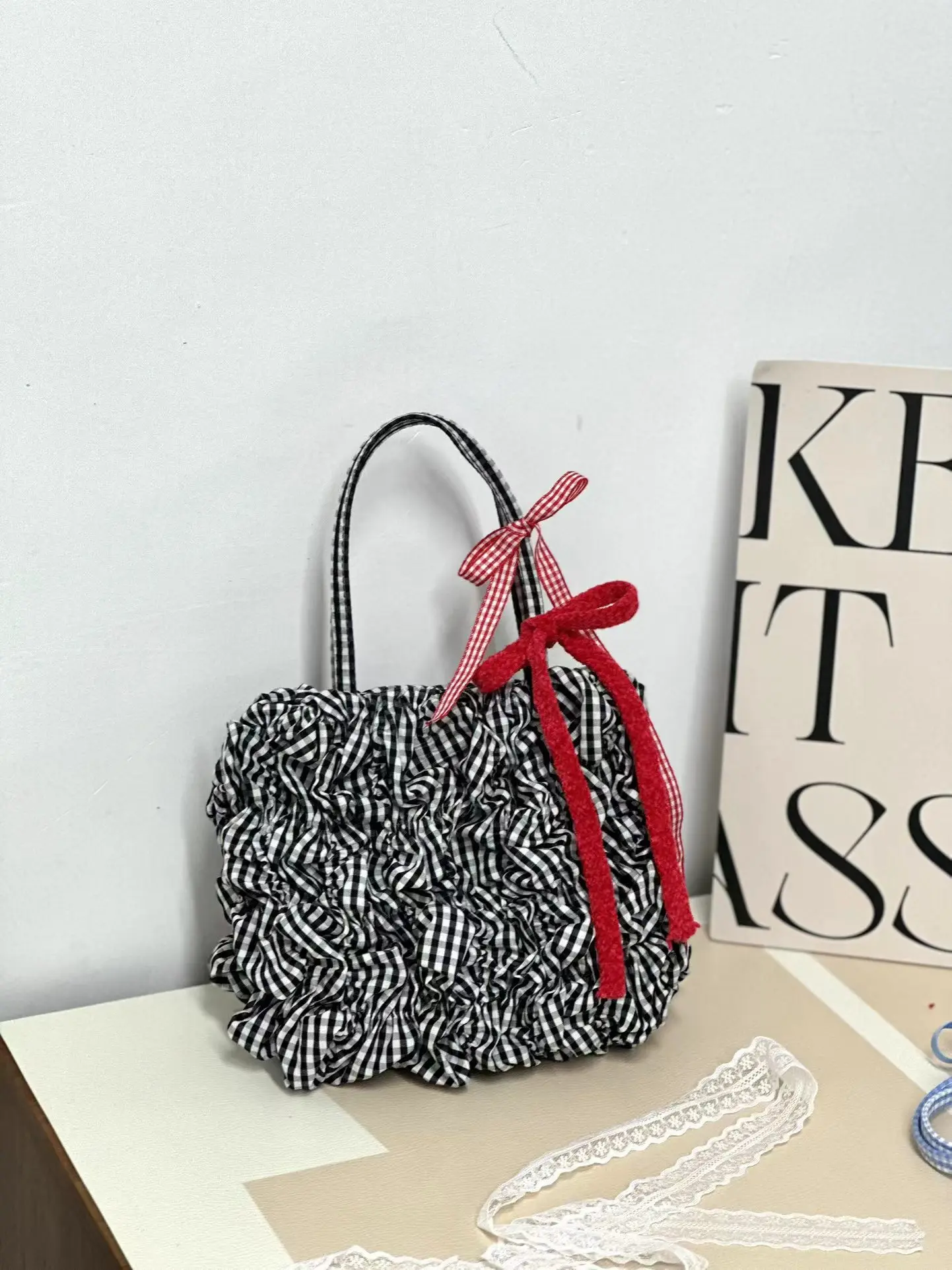 Летняя Новинка 2024 Милая клетчатая сумка-шоппер с пузырьковой складкой для