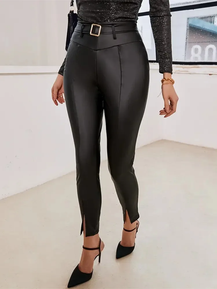 

Mandylandy Women Sexy Slit High Waist PU Leather Skinny Pants Fashion Female Y2K Stretch Sexy Pencil Trousers Streetwear
