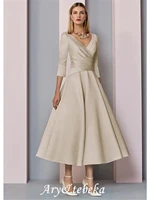 a line mother of the bride dress plus size elegant vintage v neck tea length satin 34 length sleeve with pleats
