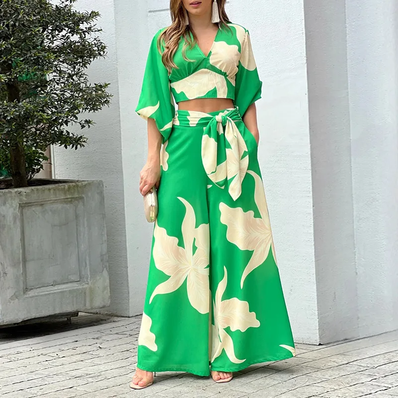 

.Spring Autumn Fashion Printing 2 Piece Set Women V-neck Lantern Sleeve Short Shirt High Waist Wide Leg Pants 2 Piece Set Women