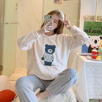 fashion trend cute sweet bear all match autumn and winter new loose simple pajamas plus velvet thick warm home clothes