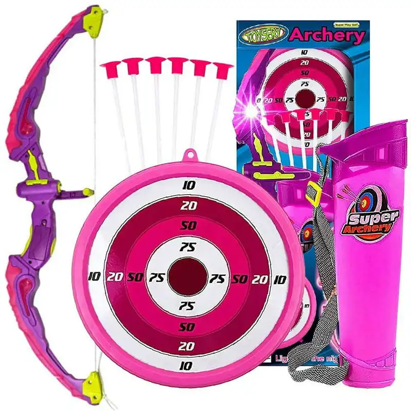 

Pink Bow and Archery for Kids with LED Flash Lights - Bow and arrow for kids with Suction Cups Arrows, Target, and Quiver - pink