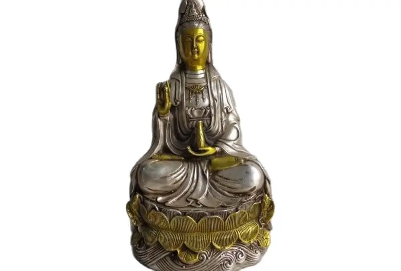 

12" Buddhism White Copper Silver Gilt lotus flower Bodhisattva GuanYin Kwan-Yin