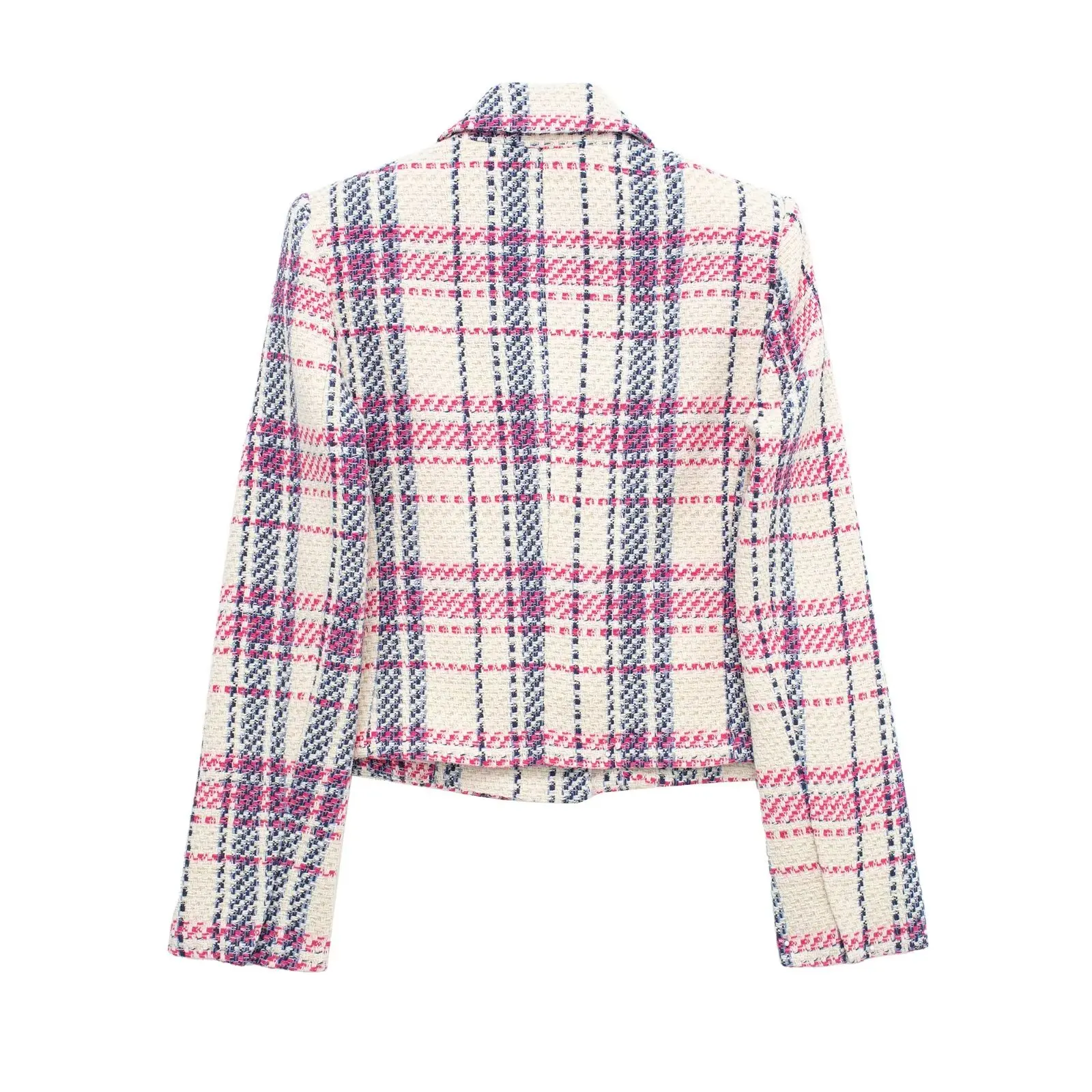 TRAF Plaid Tweed Blazer Women Textured Cropped Jacket Women Double Breasted Blazer Women Long Sleeve Button Blazers for Women